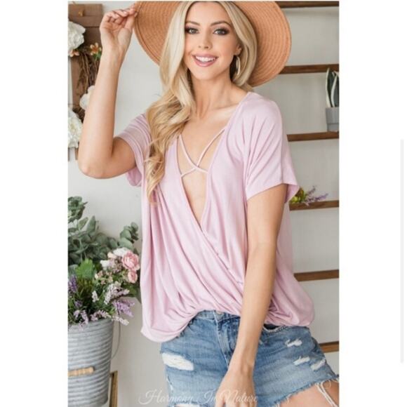 Cy Fashion Women's Deep V-Neck Surplice Criss Cross Top in Baby Pink Blush - Picture 10 of 11